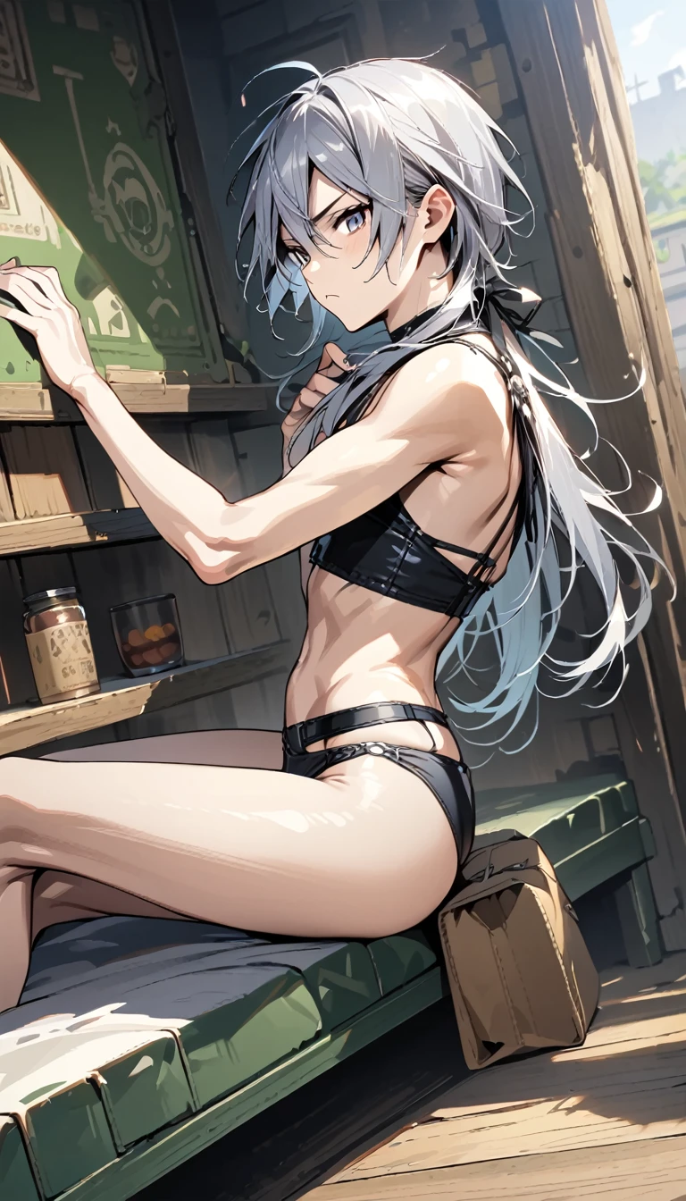 absurdres, highres, ultra detailed, super fine illustration, best quality, 1boy, perfect anatomy, male focus, solo, (dark-skinned:0.8) male, silver hair, long hair, black bikini, bare shoulders, bare arms, bare legs, &lt;lora:_L2090:-0.6&gt; &lt;lora:flat:-0.2&gt;