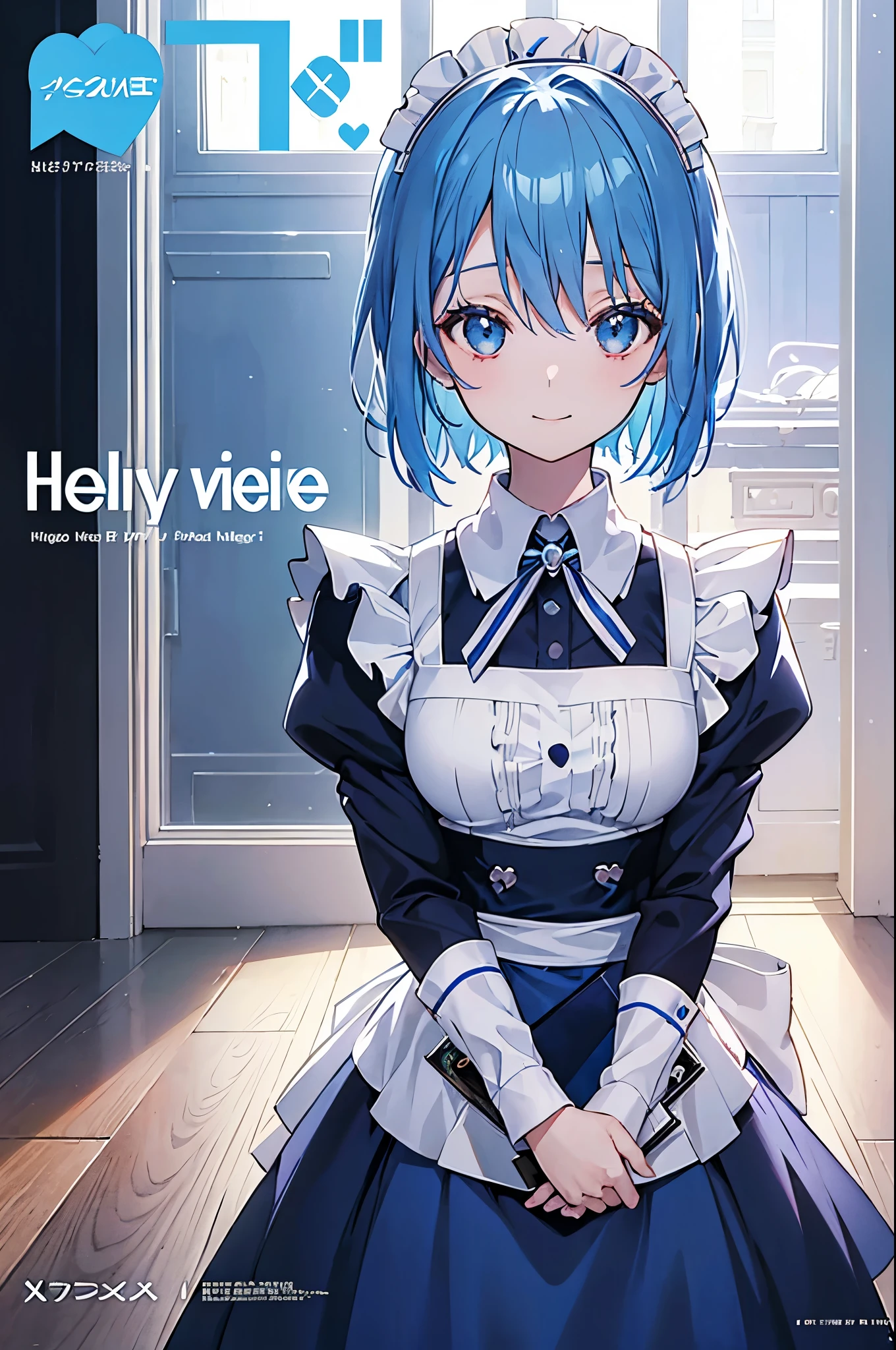 (1girl), blue hair, Maid Dress, (blue hair), ((solo)), (magazine:1.3), (cover-style:1.3), fashionable, spoken heart, heart_hands, light smile, looking at viewer, very aesthetic, absurdres, rating: general, newest, anime coloring, anime screencap, megami magazine, masterpiece, best quality,
