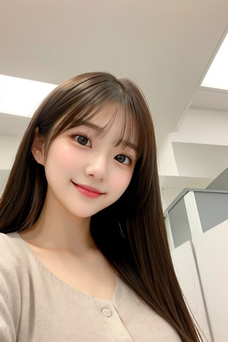 japanese、Highest quality, (beautiful)、Very delicate eyes、Brown eyes、22-year-old female、office、Long Hair、cheeks are slightly plump、(((whole body)))、Smile、As if looking up from below