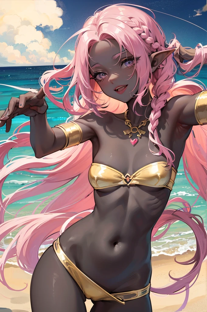 (pov Swimwear style) (beautiful body), (brown skin, solo:2, 1000 yo, Braid pink hair long hair cool elf woman, cool gray eyes, ecstasy smile, love mode, small tits), (in a sexy:1.5 detailed bandeau swimsuit, Ruby double exposure:1.1), break, in the Swimsuit contest venue, background detailed beautiful Coast, BREAK, perfect anatomy, masterpiece, best quality, 16k, beautiful detailed love, sexy, daydreaming expression.