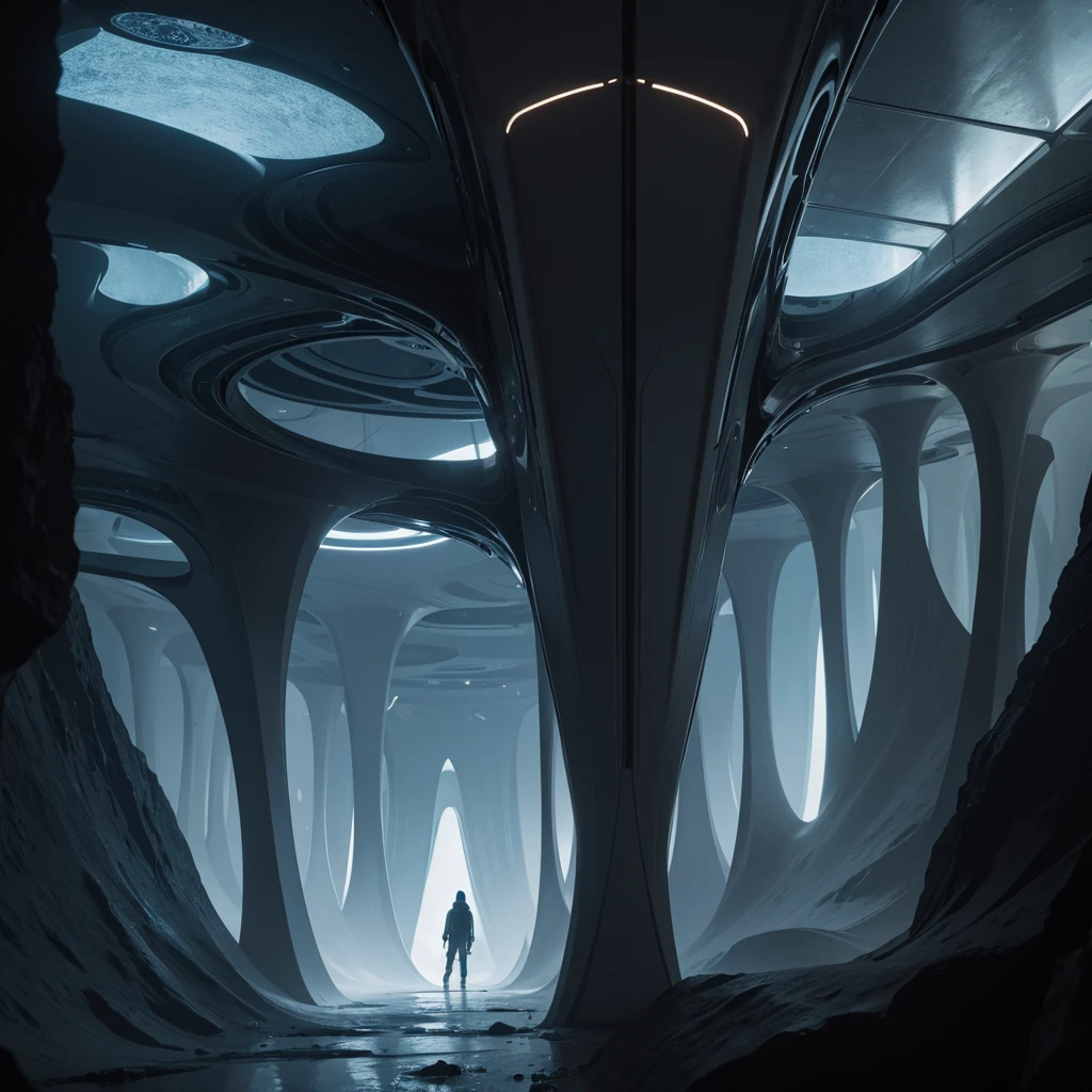 (The best quality)Hooded person exploring the futuristic architecture of an advanced civilization on another planet with dark color palette