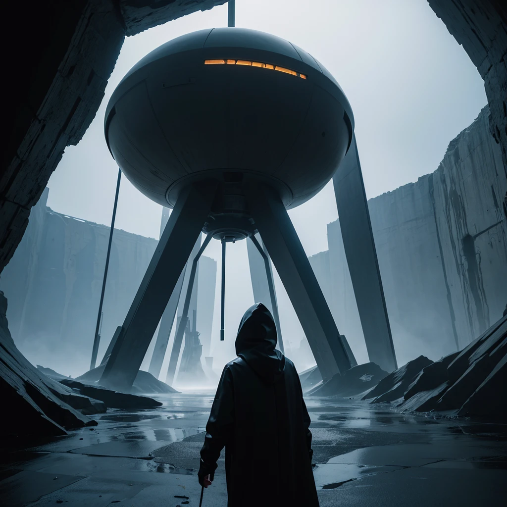 (The best quality)Hooded person exploring the futuristic architecture of an advanced civilization on another planet with dark color palette