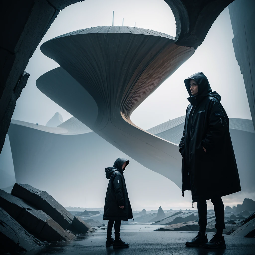 (The best quality)Hooded person exploring the futuristic architecture of an advanced civilization on another planet with dark color palette