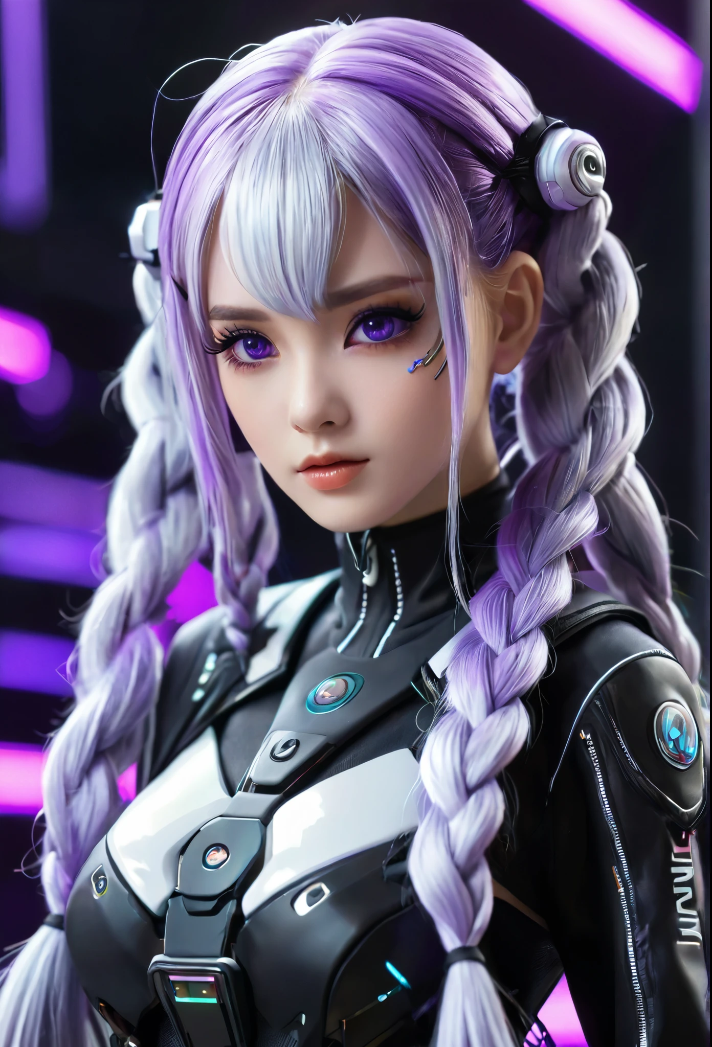 yinji,1girl,solo,purple_hair,purple_eyes,very_long_hair,grey_hair,braided_ponytail,large_breasts,gradient_hair,cool,Doll-like face,Perfect Face,cyber punk,Holography,BREAK,(Super long pigtails:Lilac color),BREAK,Cyberspace Background,Yinji suit:detailed,Purple, white and black color scheme,neon,Dance,Anatomically correct