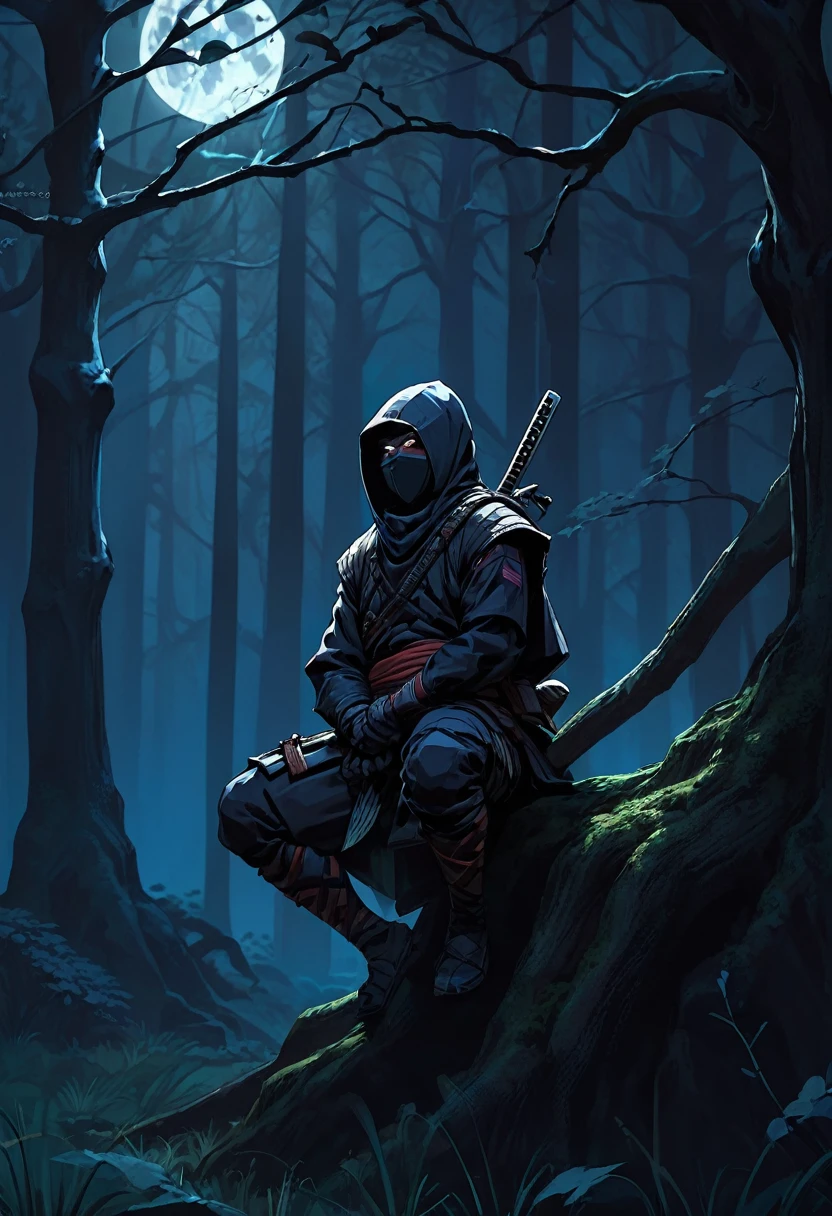 shinobi waiting on an branch of tree in a drak forest at night