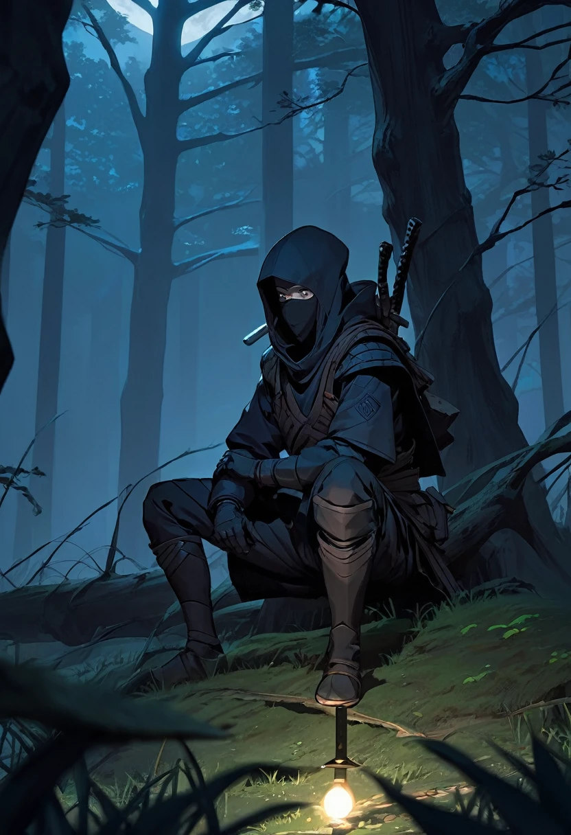 shinobi waiting on an branch of tree in a drak forest at night
