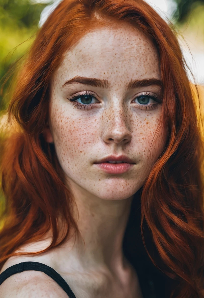Red-haired girl with freckles and black eyes with a good body