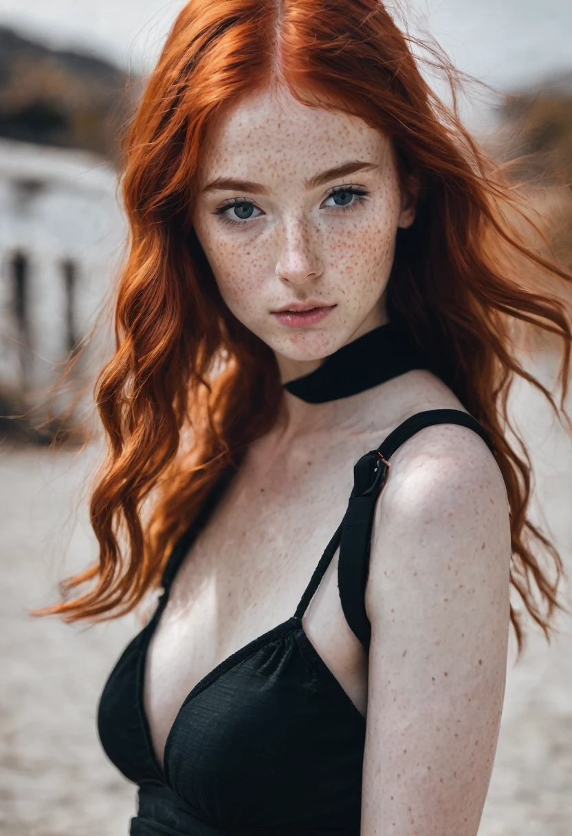 Red-haired girl with freckles and black eyes with a good body