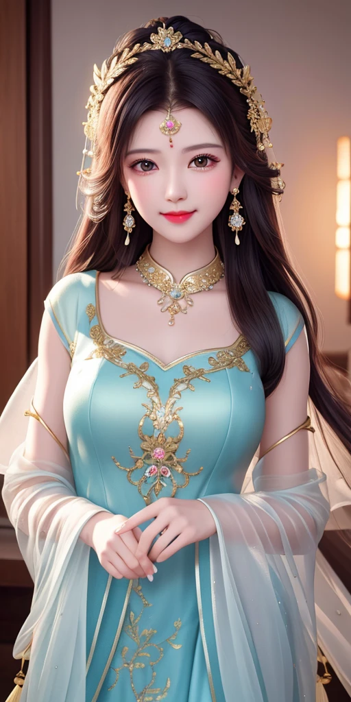 best quality, masterpiece, highres, 1girl, transparent silk china dress, beautiful face, hair ornament, looking at viewer, smile, closed mouth,lips, dress,hair ornament, necklace, jewelry, long hair, earrings, Beautiful face,upon_body, tyndall effect,photorealistic, dark studio, rim lighting, two tone lighting,(high detailed skin:1.2), 8k uhd, dslr, soft lighting, high quality, volumetric lighting, candid, Photograph, high resolution, 4k, 8k, Bokeh