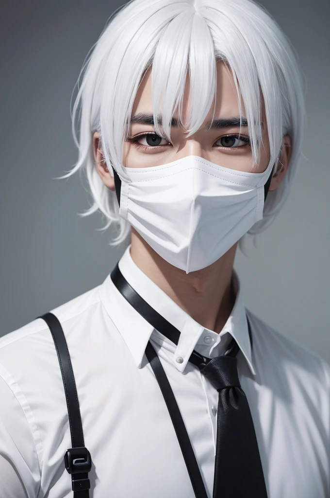 White hair white shirt with black collar black mask black eye