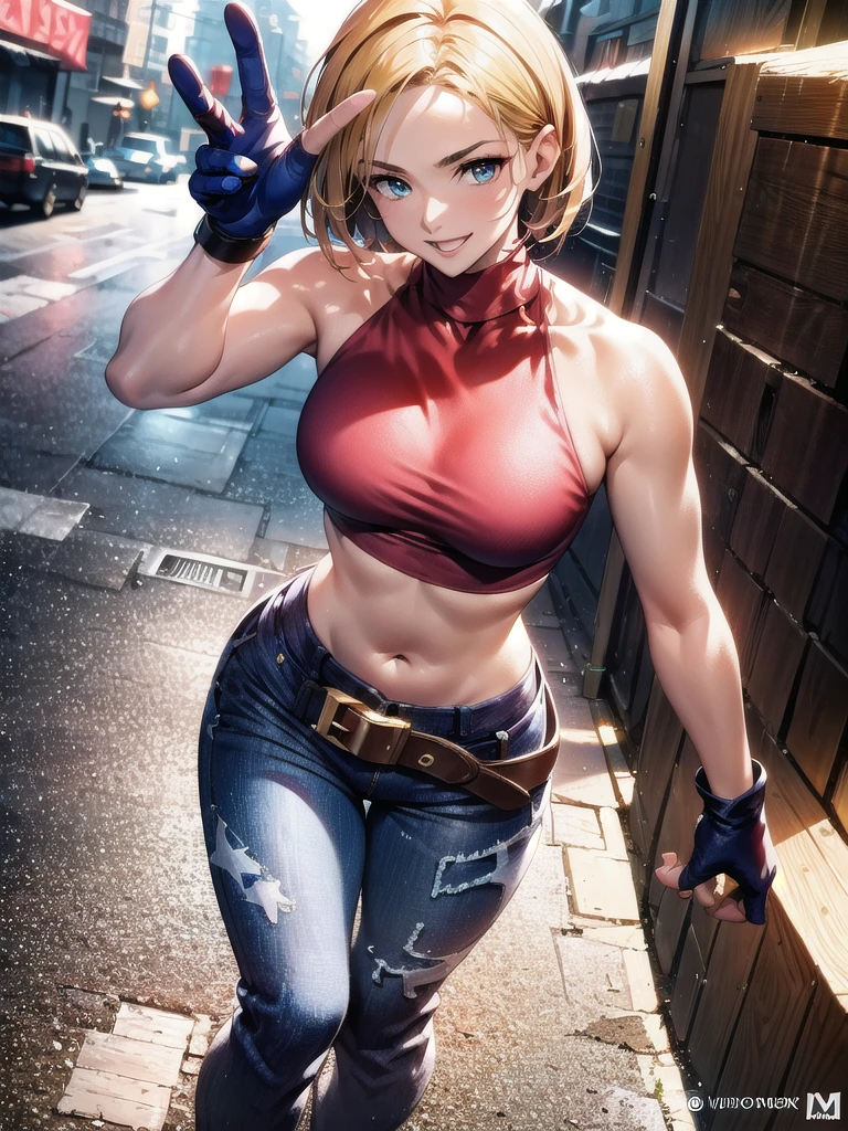 30 year old woman, alone, athletic, by the semi-cut ruby, she is wearing a tight red crop top, he wears blue jogger pants, has two belts, one small and the other a large belt hanging from his brown waist., wears blue fingerless gloves , he wears brown boots, smile at the viewer, points at the viewer, There is a little brown dog with white spots with her, high resolution, absurd, intricate, sharp focus, a New York alley in the background, Best Quality, Masterpiece, high resolution, Perfect picture, Very detailed, High contrast, Digital colors, simple, medium shot, cinematographic, ultra sharp focus, award-winning photography, perFect contrast, high sharpness, depth of field, ultra detailed photography, global illumination, fluid, ultra high definition, 8k, unreal engine 5, ultra-sharp focus, award-winning photography, Art Season Trends,