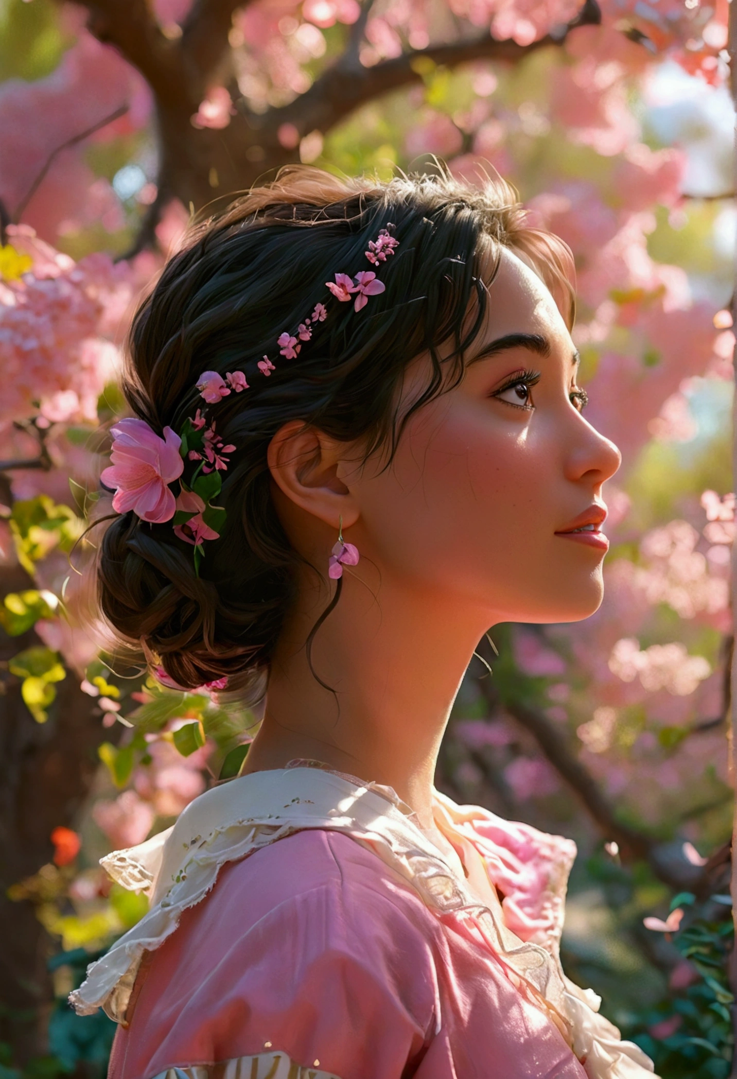 a Disney-style 3D movie poster from Pixar, puffy woman in a pink shirt and white shawl, profile image, taken in early 2020, by Reyna Rochin, carla ortiz, Alanis Guillen, on a bright day, with a tree at the background, looking from the side, From the side, against the backdrop of trees, lorena avarez, ayahausca