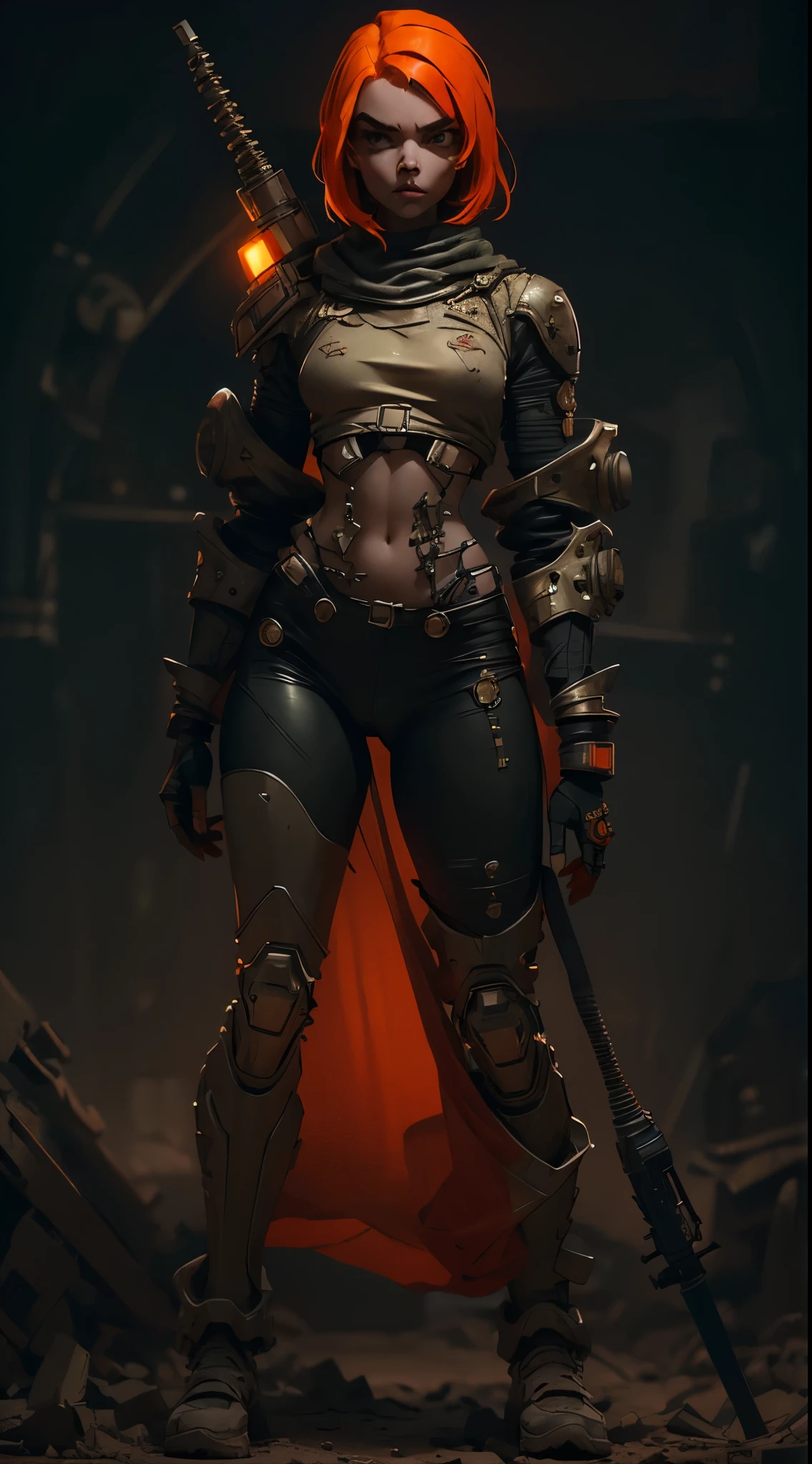 (((mulher))), (((melhor qualidade))), (((obra prima))), (((adulto))), A highly detailed and realistic skull girl,( Anya. Taylor Joy) cyberpunk character, mad max furiosa, one hand robot, cyborg arm, orange hair, dramatic metal heavy rock theme, best quality, 8k, hyperrealistic, photorealistic, extreme detailed painting, studio lighting, vivid colors, dark moody atmosphere, cinematic, dramatic pose, intricate mechanical details, glowing energy effects, intense gritty textures, seamless integration of organic and inorganic elements. Wearing the used clothes of a wastelander. Background: An apocalyptic wasteland. Dusty and depressing.
