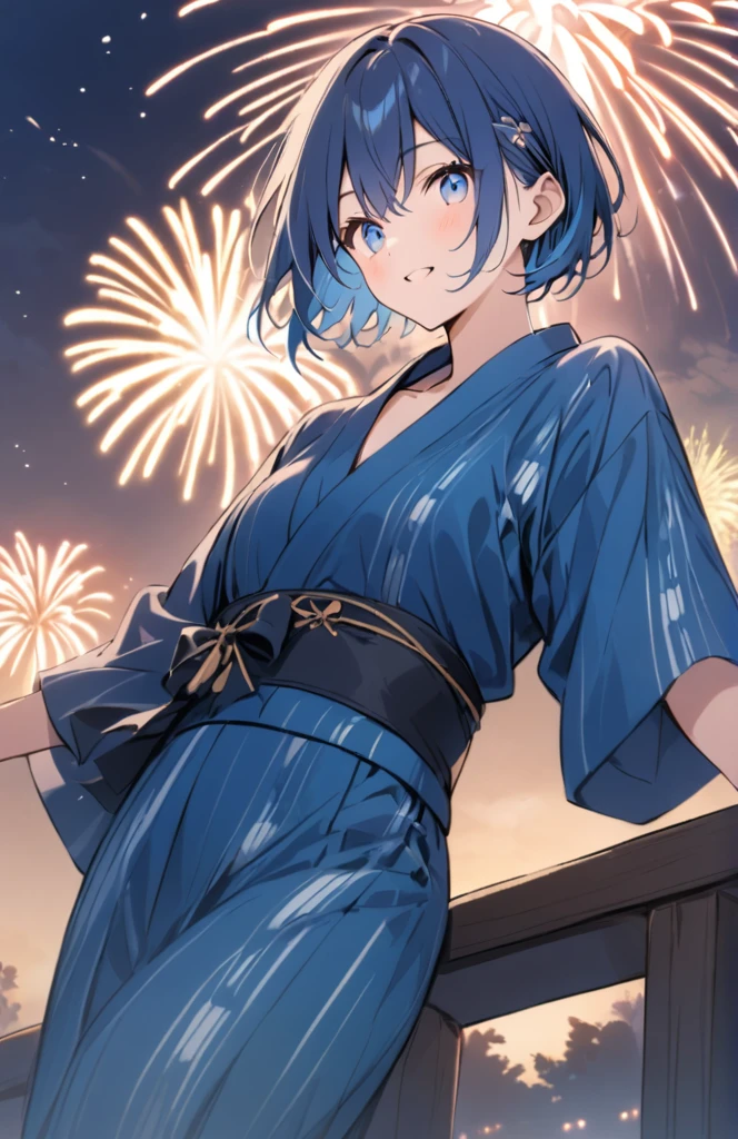 Blue hair, blue eyes, short hair, fireworks, yukata, boy