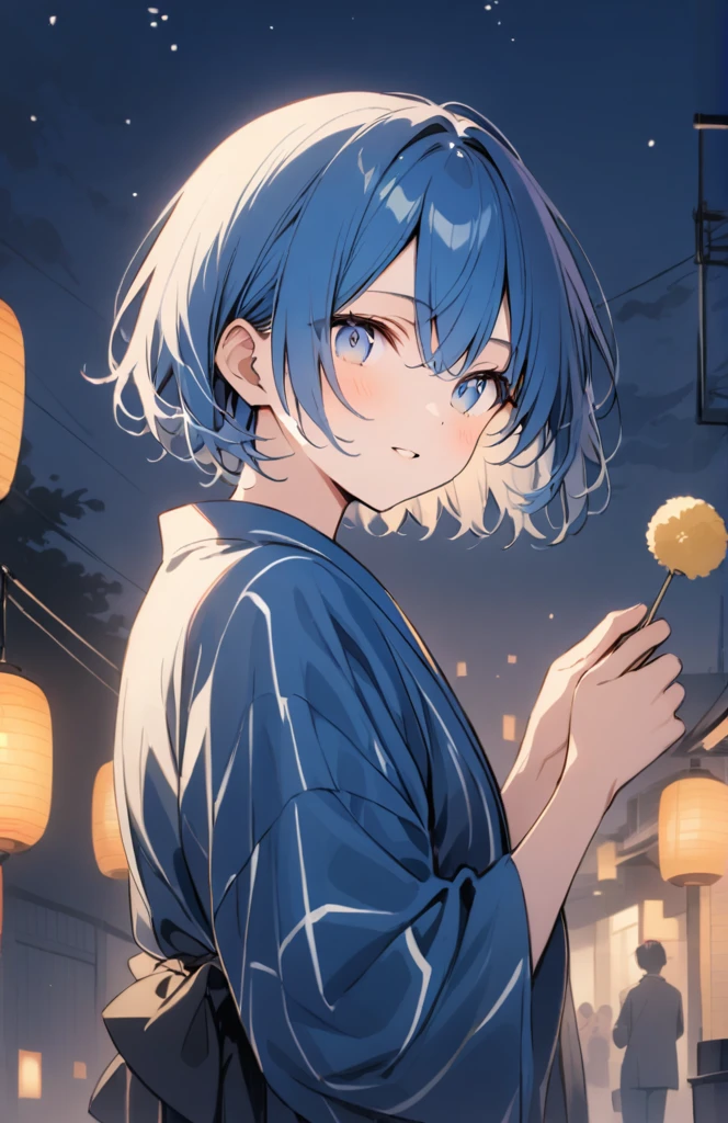 Blue hair, blue eyes, short hair, fireworks, yukata, boy
