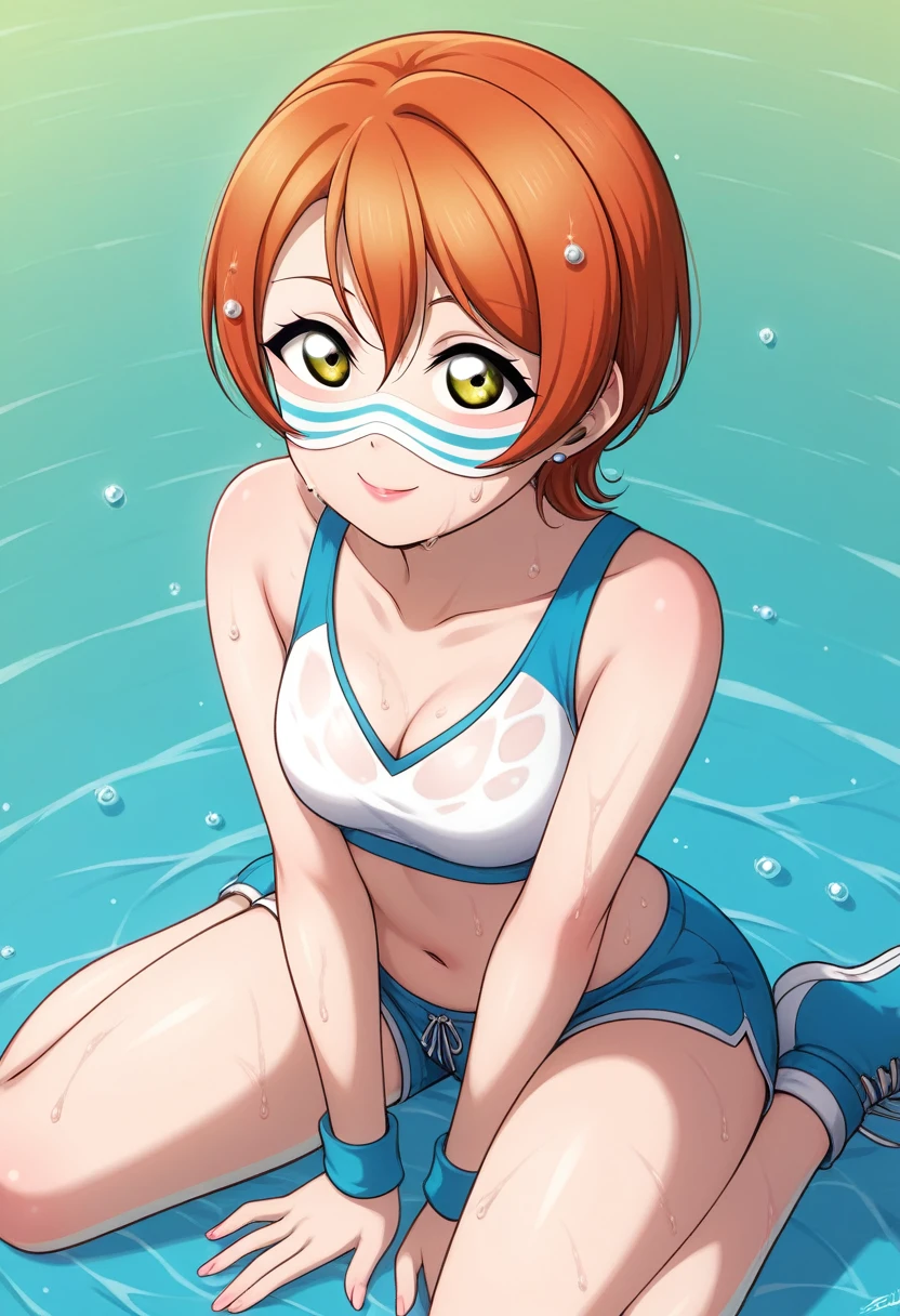 Masterpiece, sksrin, beautiful , facial details, 8k wallpaper, Rin Hoshizora Love Live, short hair, white gym bra, micro shorts , wrestling outfit,(lipstick:0.8), (face paint:1.2),Fascinated by her beauty ,wink, moist skin,thin waist ,short girl, skindentation , tongue out, open mouth , wet tongue, saliva string , facial cum ,all fours,cum in mouth,thicc cum,pov, blushing 