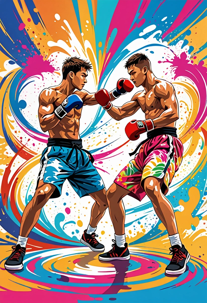 vectorial art, Colorful illustration with two kickboxing players, At the center, swirly vibrant colors, paint splashes and smears, high détail,Hawaiian style background
