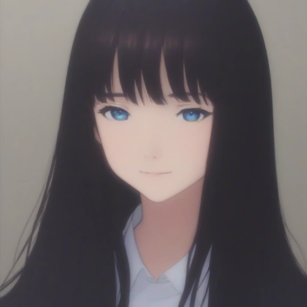 1girl, solo, yume_minami, black hair, blue eyes, long hair, bangs, Smile, close up photo