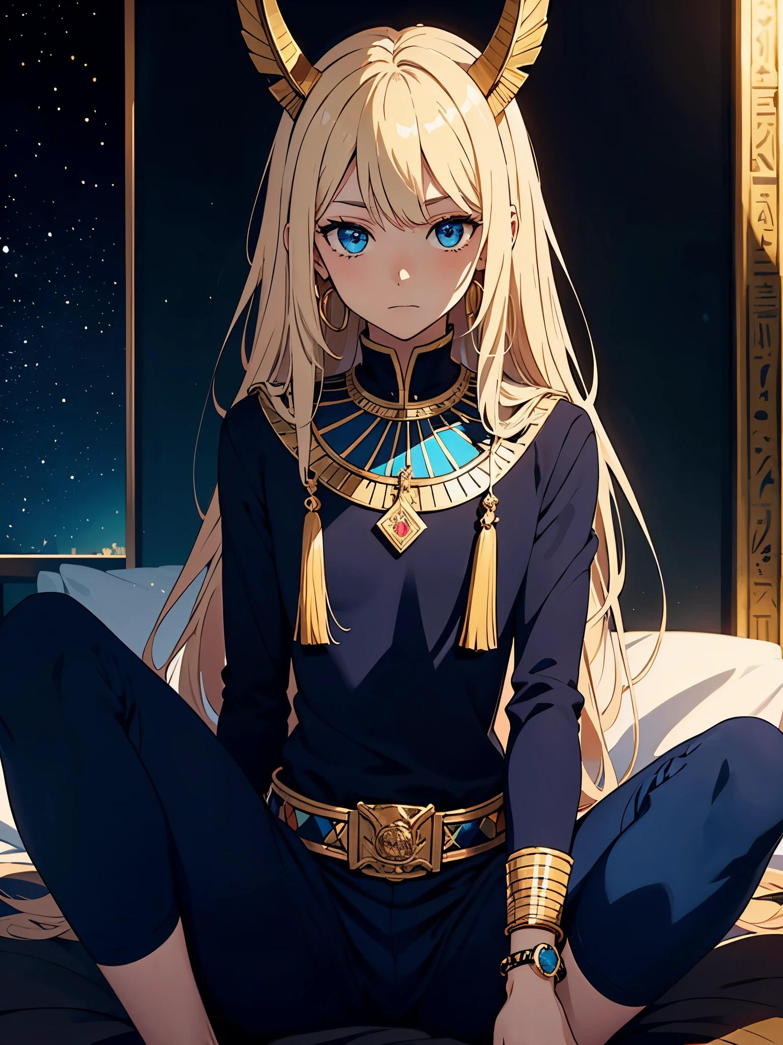 More anime style. cutie pie. アニメ! Teenage boy. Egyptian deity Anubis. Egyptian blue clothing. Blue clothes.  long blond hair. Lots of gold jewelry. dark skin. Egyptian. dazzling blue eyes. mystical. divine.