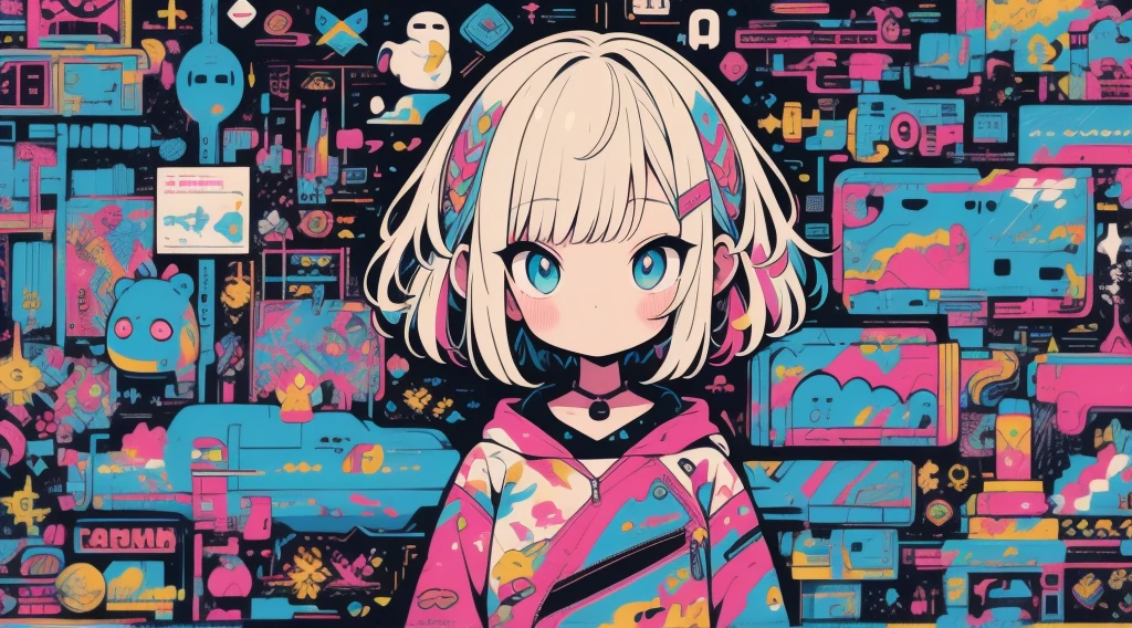 high quality、Colorful color palette、high resolution、pretty girl、 An unprecedented number of draws、Anime Style、Geometric background、Sticker Style、short hair、Blonde、Turquoise Eyes, Messy Hair, front, Hands posing, Until death, Bondage, Baggy clothes