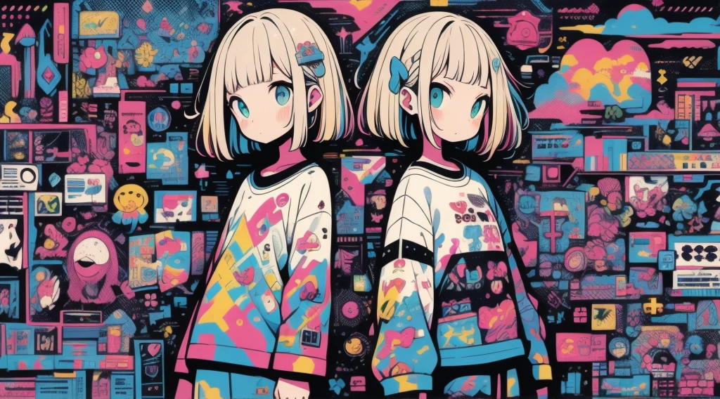 high quality、Colorful color palette、high resolution、pretty girl、 An unprecedented number of draws、Anime Style、Geometric background、Sticker Style、short hair、Blonde、Turquoise Eyes, Messy Hair, front, Hands posing, Until death, Bondage, Baggy clothes