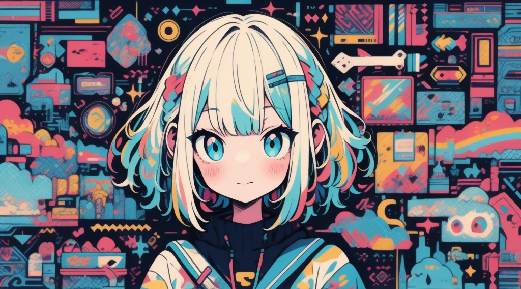 high quality、Colorful color palette、high resolution、pretty girl、 An unprecedented number of draws、Anime Style、Geometric background、Sticker Style、short hair、Blonde、Turquoise Eyes, Messy Hair, front, Hands posing, Until death, Bondage, Baggy clothes