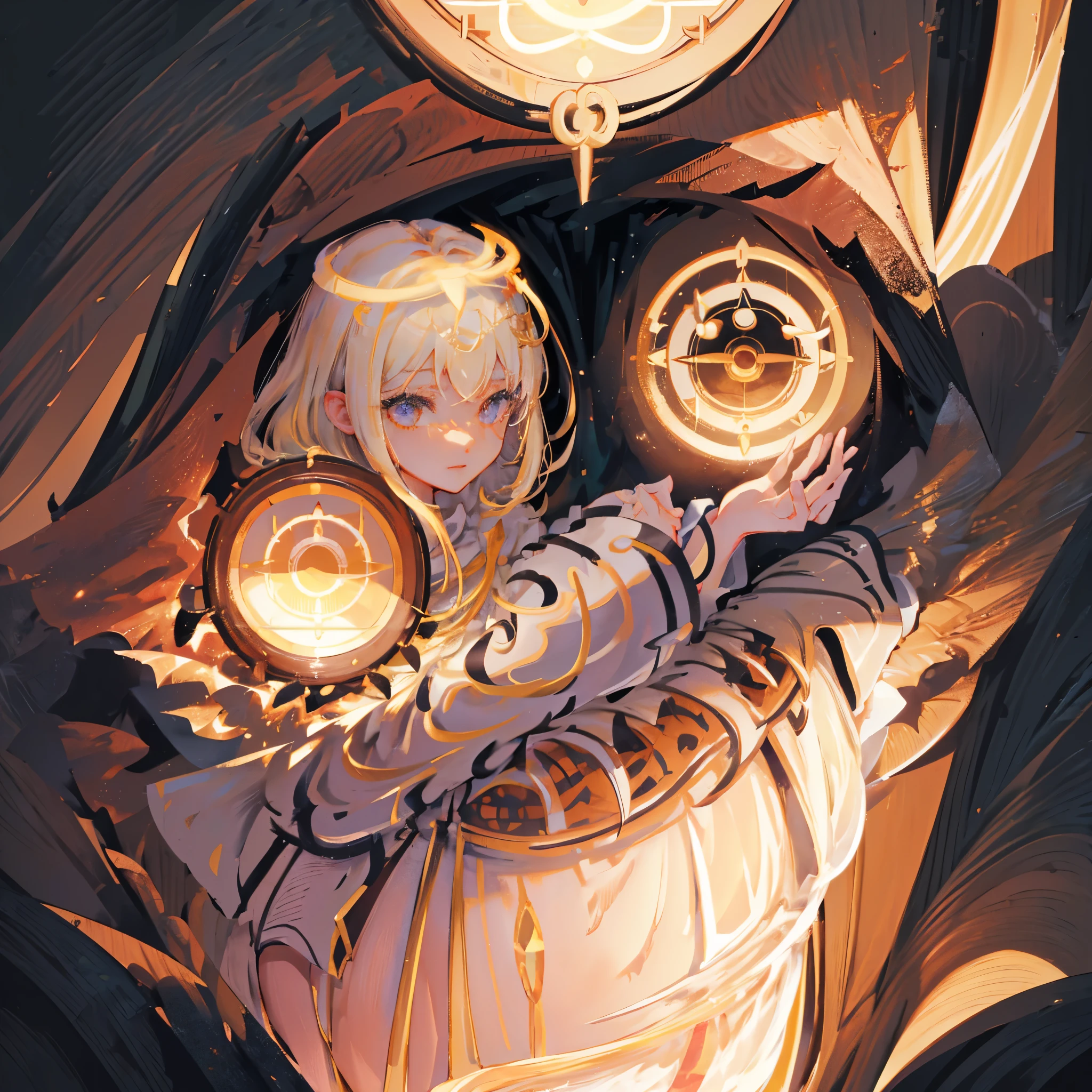 (detailed details: 1.2), (full body: 1.3), (1 girl: 1.2), (detailed face: 1.2), (dark hair: 1.1), (detailed eyes: 1.1), (small nose: 1.1), (thin lips: 1.1), (light circle, halo), mirror floor, compass, medieval style castle, clock tower, pillar of light, light aura, drifting light, light particles,small objects, mysterious creatures,