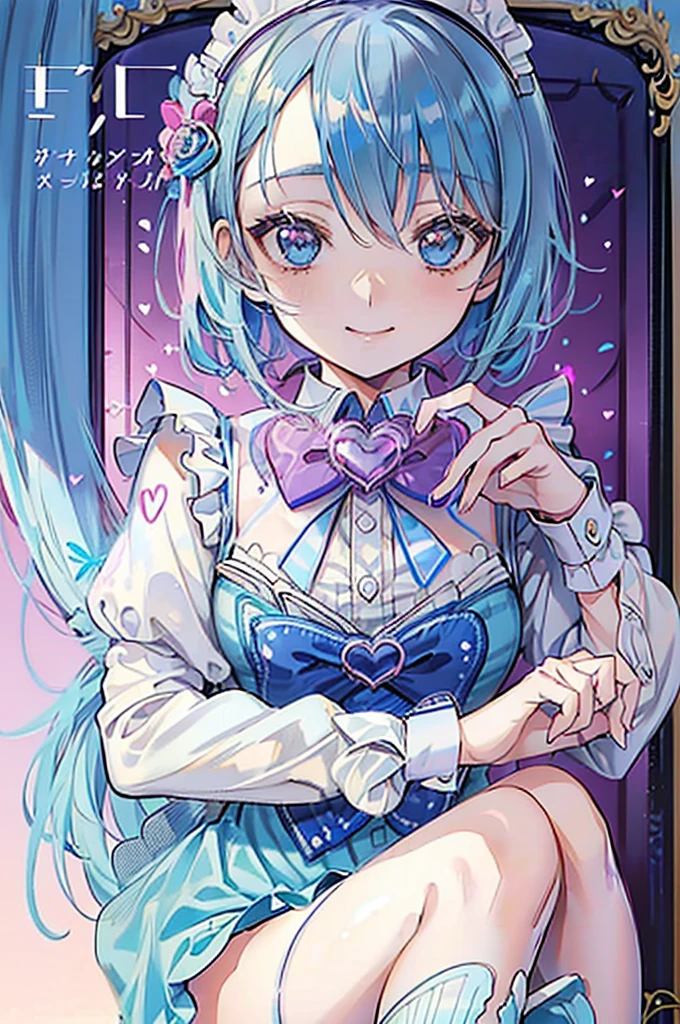 (1girl), blue hair, Maid Dress, (blue hair), ((solo)), (magazine:1.3), (cover-style:1.3), fashionable, spoken heart, heart_hands, light smile, looking at viewer, very aesthetic, absurdres, rating: general, newest, anime coloring, anime screencap, megami magazine, masterpiece, best quality,