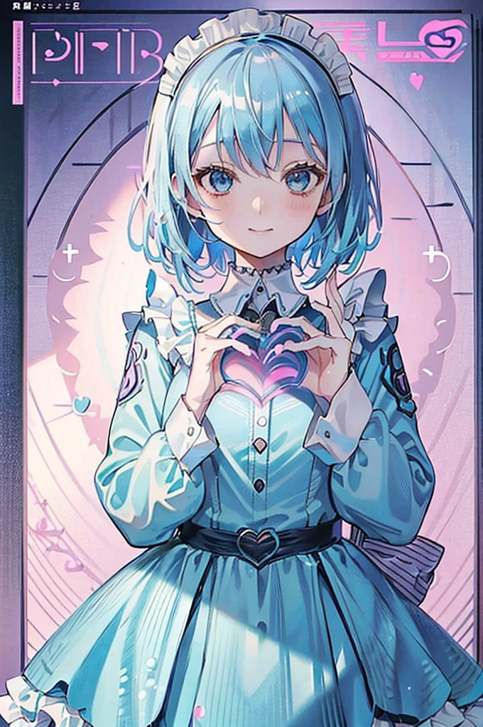 (1girl), blue hair, Maid Dress, (blue hair), ((solo)), (magazine:1.3), (cover-style:1.3), fashionable, spoken heart, heart_hands, light smile, looking at viewer, very aesthetic, absurdres, rating: general, newest, anime coloring, anime screencap, megami magazine, masterpiece, best quality,