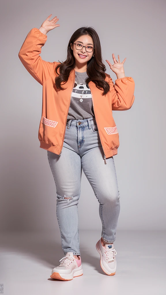 I want one《Mind Squad》Photos that express emotions, Pixar, 3d, Salmon pink skin, Height 1.8 meters, Gray hair, Medium size and smooth, Eyes Brown, jeans , Caramel sneakers, Caramel top with orange pink suit jacket, permanent, Whole body, Chubby body, Full of happiness, Grin, Square animal pattern glasses, White background, BK quality.
