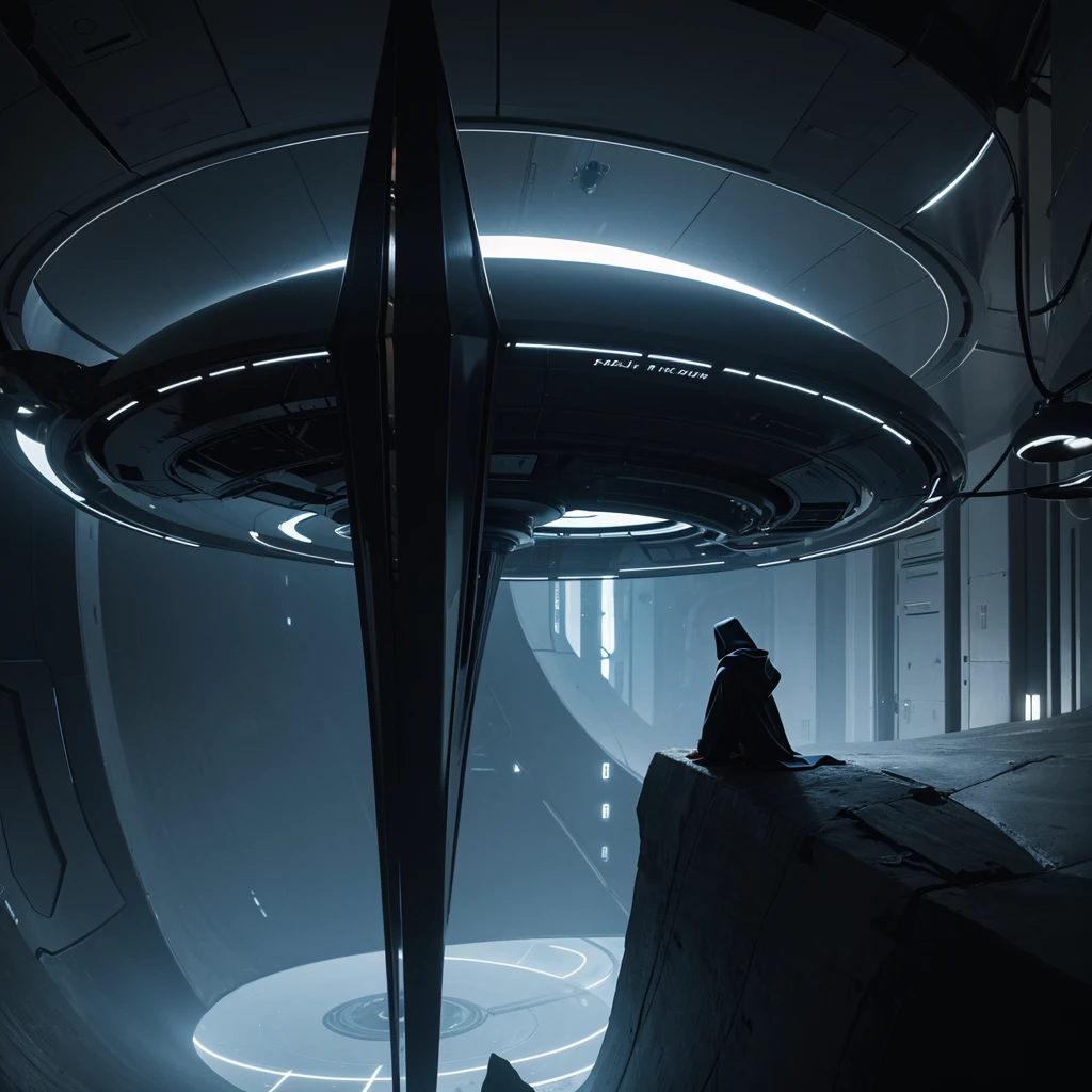 (The best quality)Hooded person exploring the futuristic architecture of an advanced civilization on another planet with dark color palette