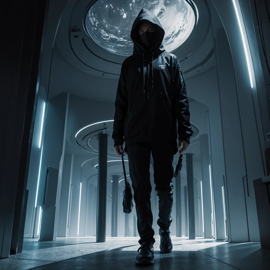 (The best quality)Hooded person exploring the futuristic architecture of an advanced civilization on another planet with dark color palette