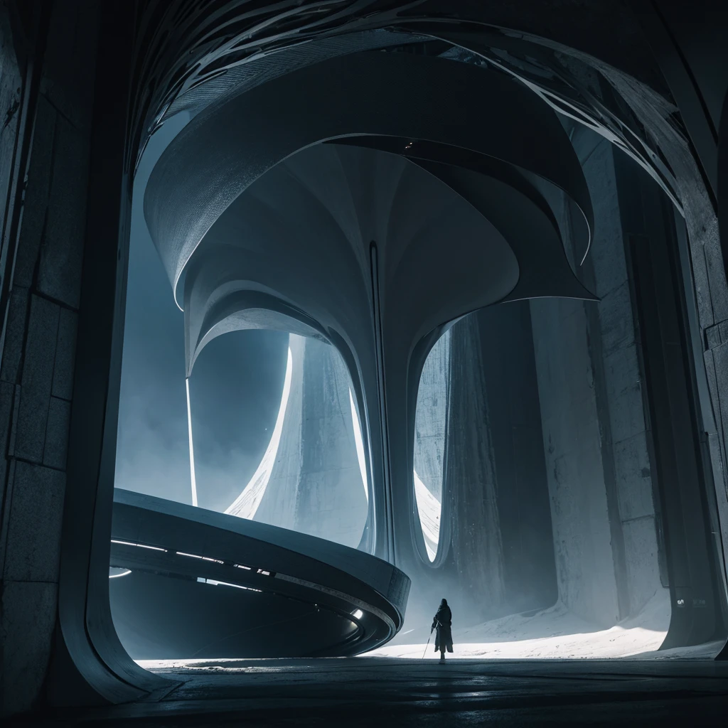 (The best quality)Hooded person exploring the futuristic architecture of an advanced civilization on another planet with dark color palette