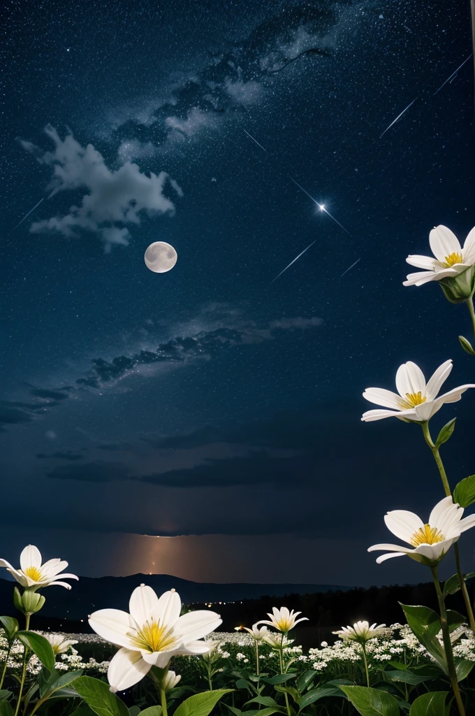 Beautiful night , beautiful rain , beautiful moon , beautiful sky , beautiful stars , many white flower