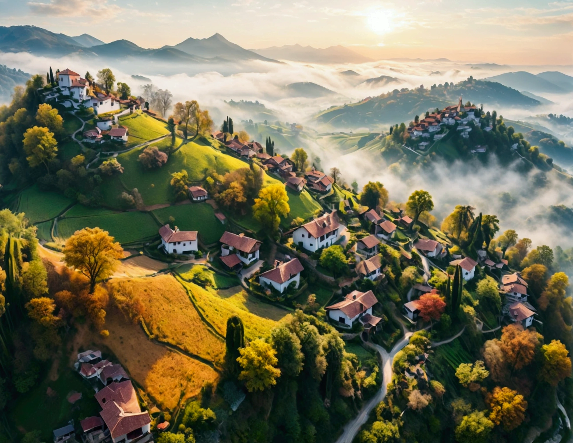 Distant beautiful small village on the top of the hill, drone point of view, an the back is distant mountain covered with fog, morning light the scene is warm and tranquil with morning sun pass through the tree leaves, peaceful, illustration, isolated with solid white background, surrounded with negative space, centered composition, very precise line, Isolated, (((solid white background))), perspective angle of view, (masterpiece), (best quality), Leonardo style, vector art, (lora:Leonardo-illustration:1), vector art, washed out color,