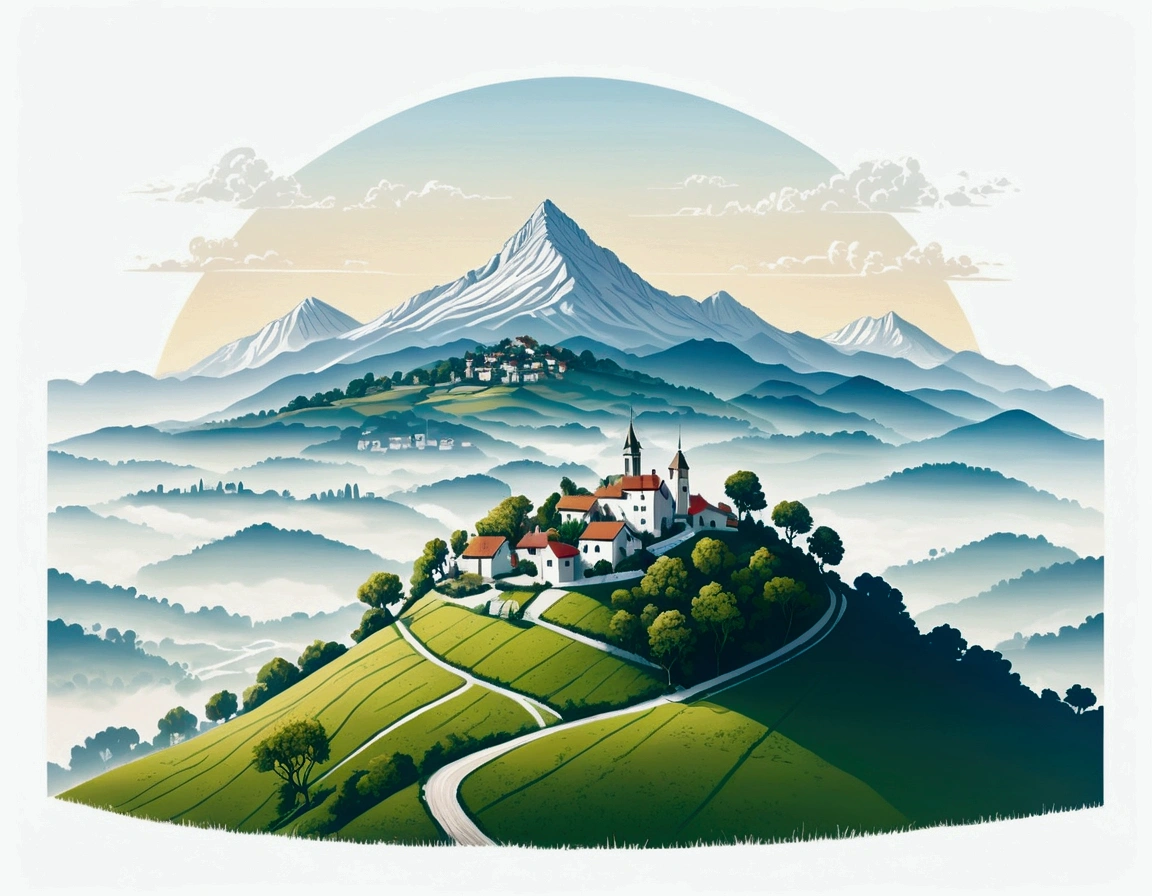 Distant beautiful small village on the top of the hill, drone point of view, an the back is distant mountain covered with fog, morning light the scene is warm and tranquil with morning sun pass through the tree leaves, peaceful, illustration, isolated with solid white background, surrounded with negative space, centered composition, very precise line, Isolated, (((solid white background))), perspective angle of view, (masterpiece), (best quality), Leonardo style, vector art, (lora:Leonardo-illustration:1), vector art, washed out color,