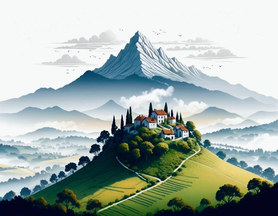 Distant beautiful small village on the top of the hill, drone point of view, an the back is distant mountain covered with fog, morning light the scene is warm and tranquil with morning sun pass through the tree leaves, peaceful, illustration, isolated with solid white background, surrounded with negative space, centered composition, very precise line, Isolated, (((solid white background))), perspective angle of view, (masterpiece), (best quality), Leonardo style, vector art, (lora:Leonardo-illustration:1), vector art, washed out color,
