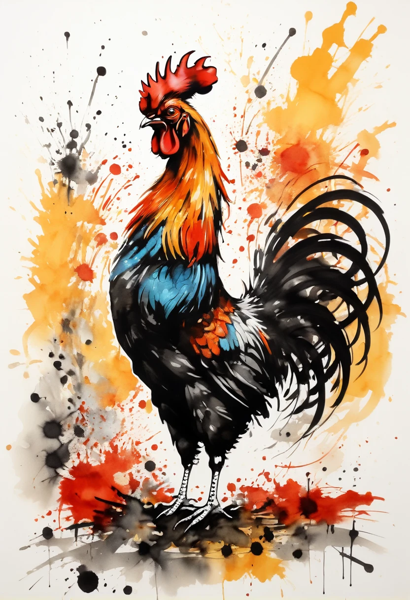 vectorial art, Colorful illustration with the Barcelos rooster, At the center, swirly vibrant colors,graffiti art,ink spatter,Wild and unbridled,rich and colorful,visual impact,Super detailed modern aesthetic