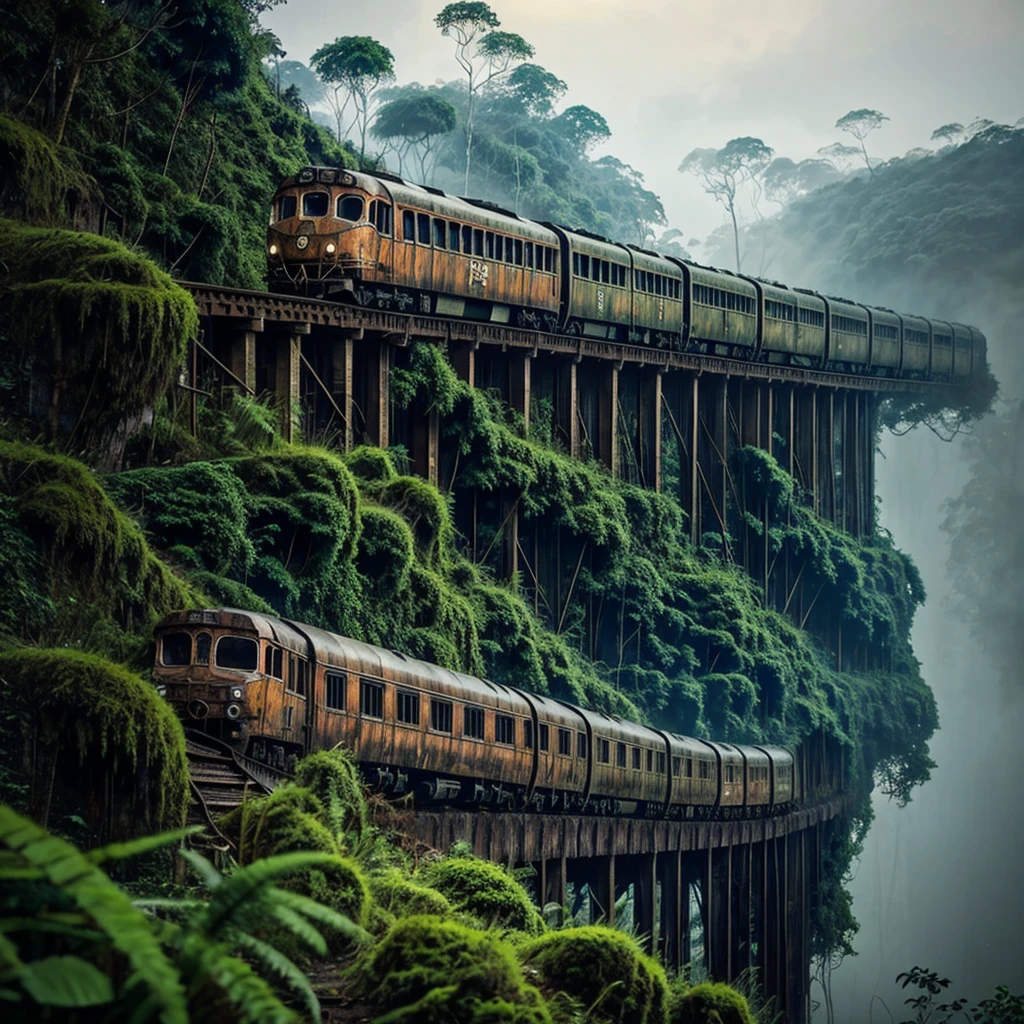 a rusty long train with a lion skull, in the amazon jungle, on the highest cliff, moss, fog, details, hyperrealistic, 16k