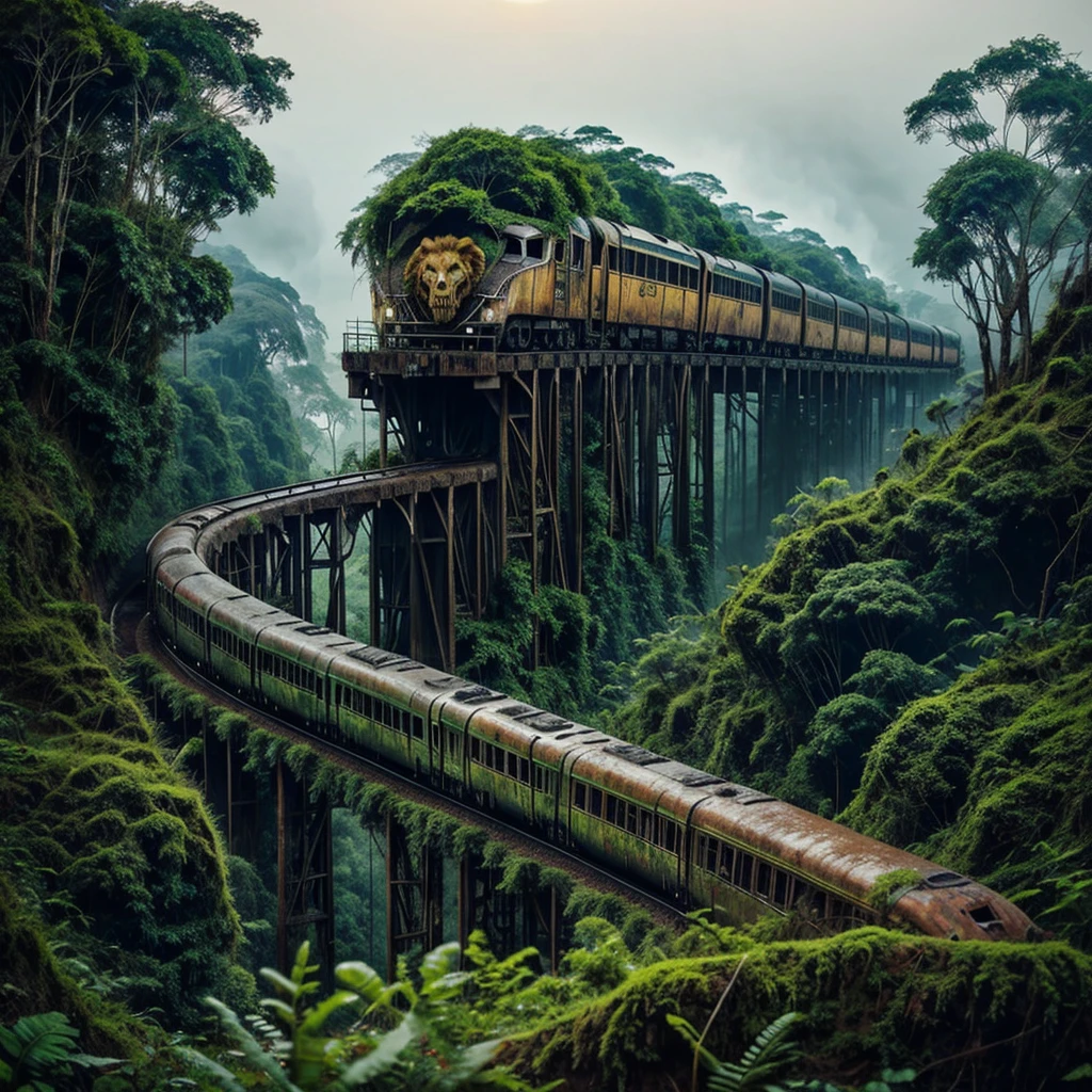 a rusty long train with a lion skull, in the amazon jungle, on the highest cliff, moss, fog, details, hyperrealistic, 16k