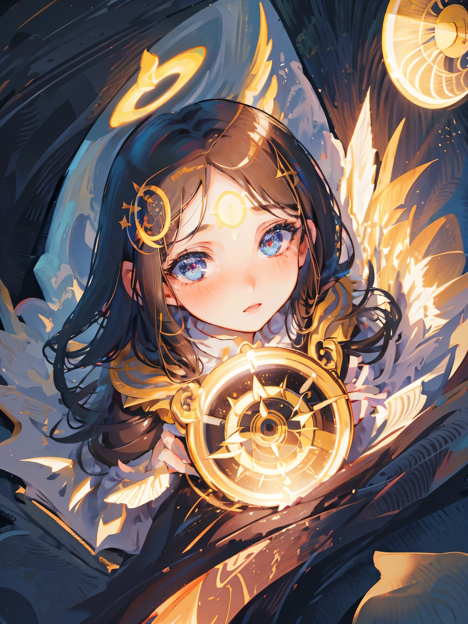 (detail: 1.2), (1 girl: 1.2), (detailed face: 1.2), (dark hair: 1.1), (detailed eyes: 1.1), (small nose: 1.1), (thin lips: 1.1), (circle of light, halo), mirror floor, compass, medieval style castle, clock tower, pillar of light, light aura, drifting light, light particles, small objects, mysterious creature(2), upper body