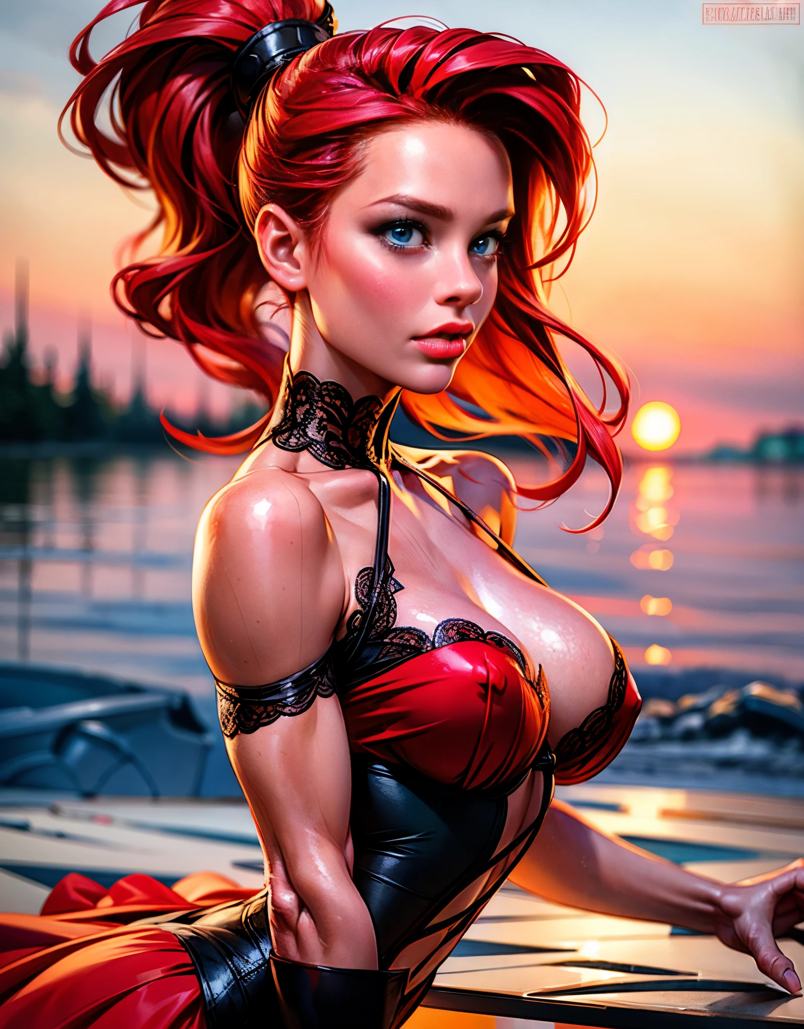 low angle photo of a gorgeous 35 year old woman, blue eyes, healthy, clean skin texture, small, big lips, little noose, sexy, wearing, red lace dress and black corset, (red long hair in ponytail), redhead, ginger hair, insanely detailed eyes, small perky breasts(perky breasts), perky, 2/3 body crop, 8 mm art lens, f 1. 1, sharp focus, 8 k high definition, insanely detailed, photo realistic, big shoulder, long neck, long lash, full lips, big lower lip, pink lips, firm breast, firm pushup, push up, firm chest, posing outside in the sunset