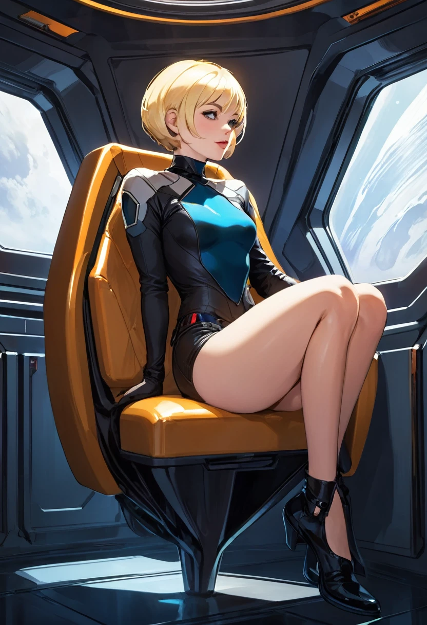 A blond young sexy woman with short hair and hot clothes sits on a seat in a spaceship and the window can show beautiful staras