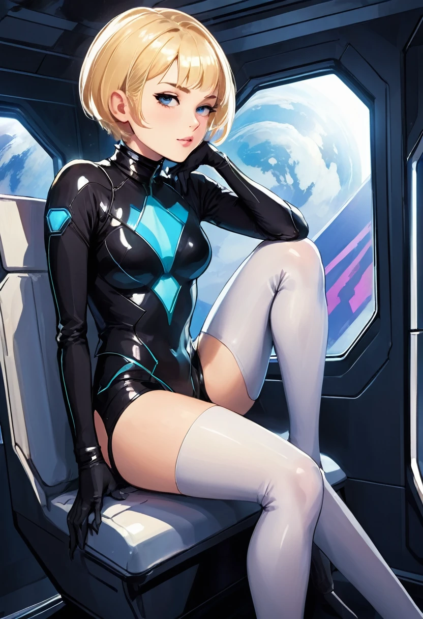 A blond young sexy woman with short hair and hot clothes sits on a seat in a spaceship and the window can show beautiful staras