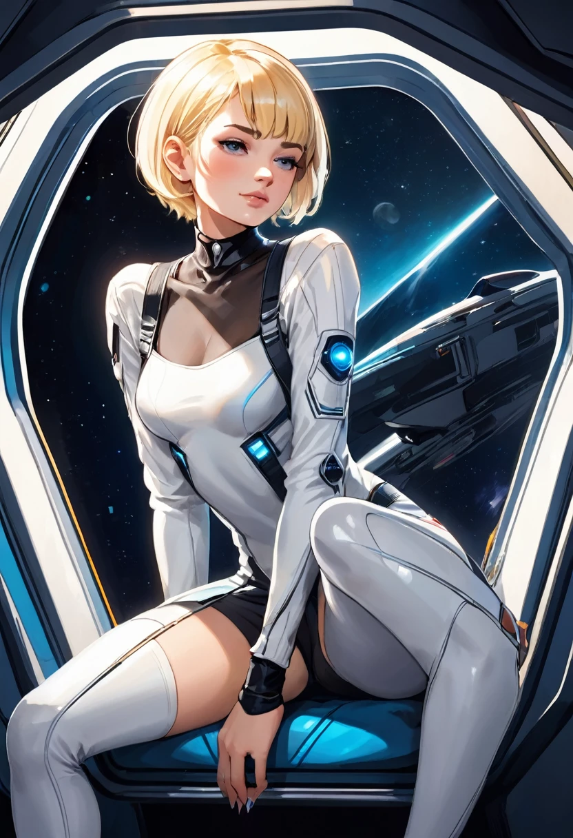 A blond young sexy woman with short hair and hot clothes sits on a seat in a spaceship and the window can show beautiful staras
