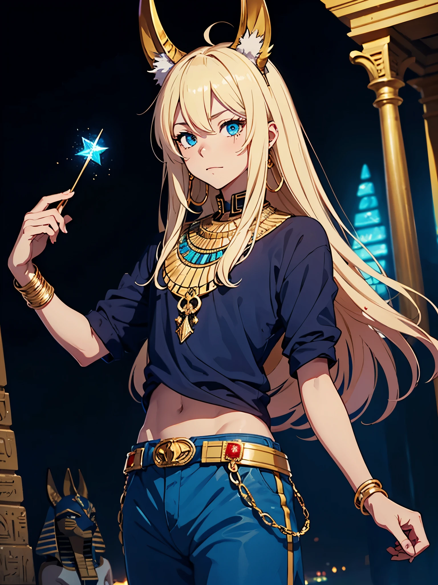 More anime style. cutie pie. アニメ! Teenage boy. Egyptian deity Anubis. Egyptian blue clothing. Blue clothes.  long blond hair. Lots of gold jewelry. dark skin. Egyptian. dazzling blue eyes. mystical. divine.