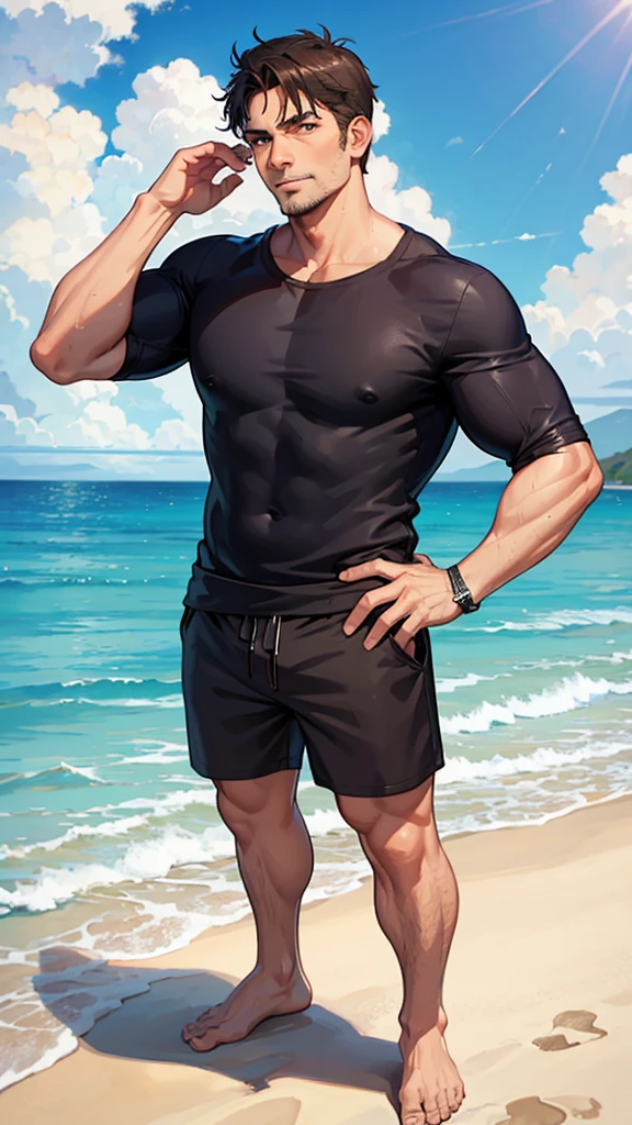 40 year old mature man in beach shorts without muscular t-shirt