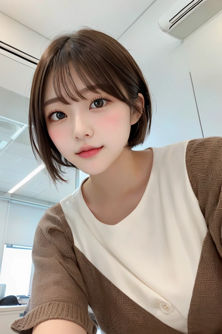 japanese、Highest quality, (beautiful)、Very delicate eyes、Brown eyes、22-year-old female、office、Date、short hair、cheeks are slightly plump、whole body、As if looking up from below