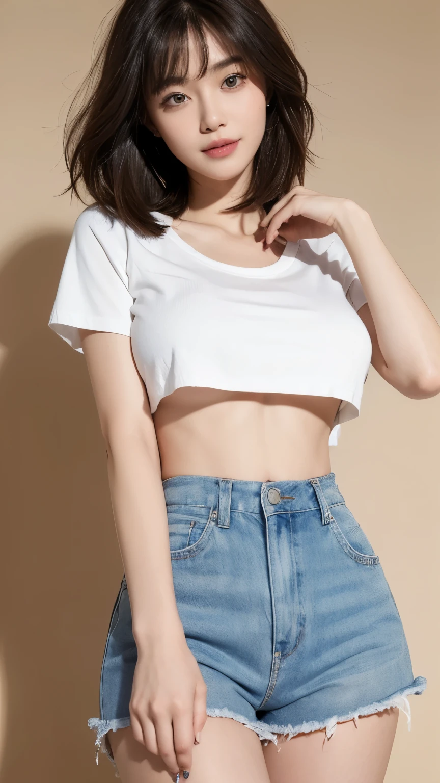 ((top quality、8K、master masterpiece:1.3))、smiley face、.2、perfect body beauty:1.4、slim abs:1.2、((layered hairstyle、huge breasts:1.2))、Highly detailed face and skin texture、detailed eyes、double eyelid、Looking at the camera, white short sleeve t-shirt,shorts, Close-up shots, Hands behind your back, wide open crotch,
