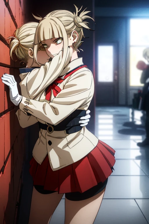 Himiko Toga, ,,(Alone),Himiko toga,(boku no hero academia),(short blonde hair with two messy pulps in her hair and yellow eyes with cat pupils),(Wearing),+,Wearing),+,(\A female character dressed in a short red dress with a super short and sensual skirt, fitted to the body, with white details on the cuffs and collar. She wears white gloves and a traditional red and white Christmas hat, completing the look with red boots.")/,+,(\Facing the front of the fourth wall looking at the fourth wall:1.5)/